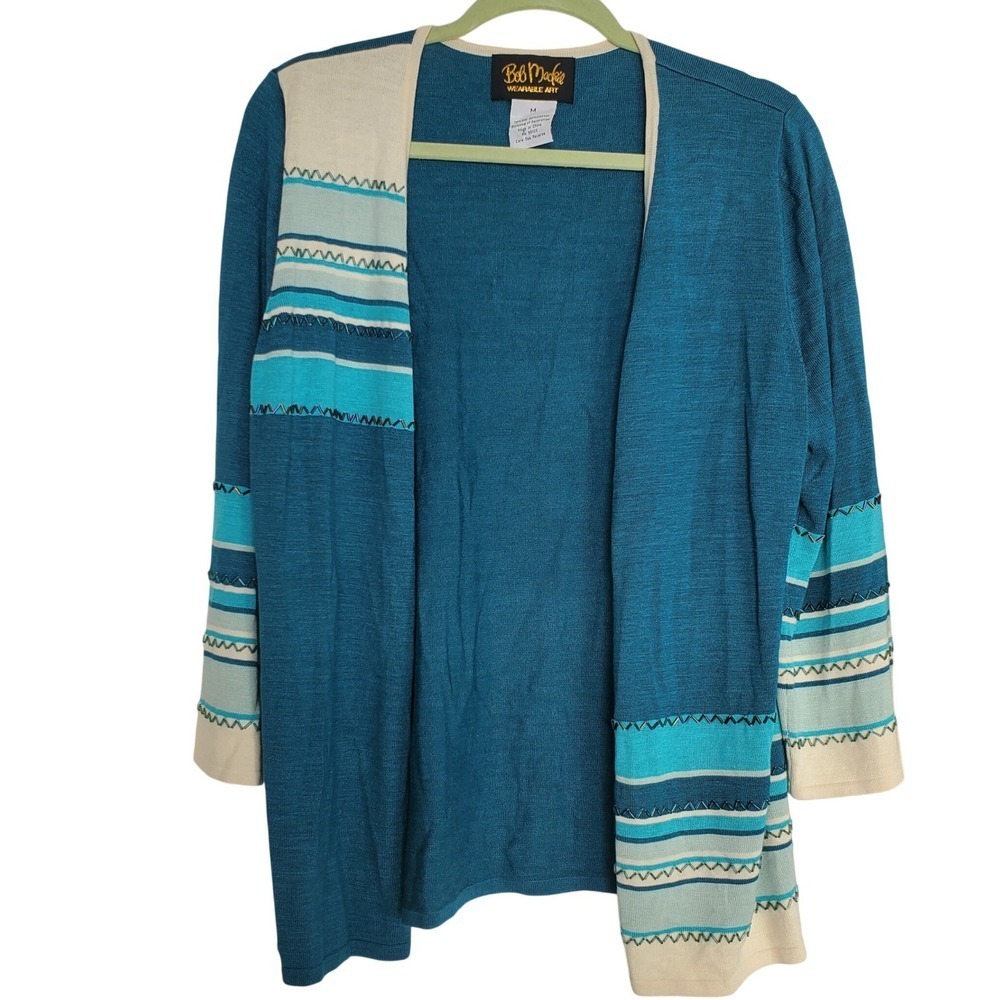 Vtg‎ Bob Mackie Eclectic Cardigan Silk Blend Striped Beaded Sweater Teal Blue M
